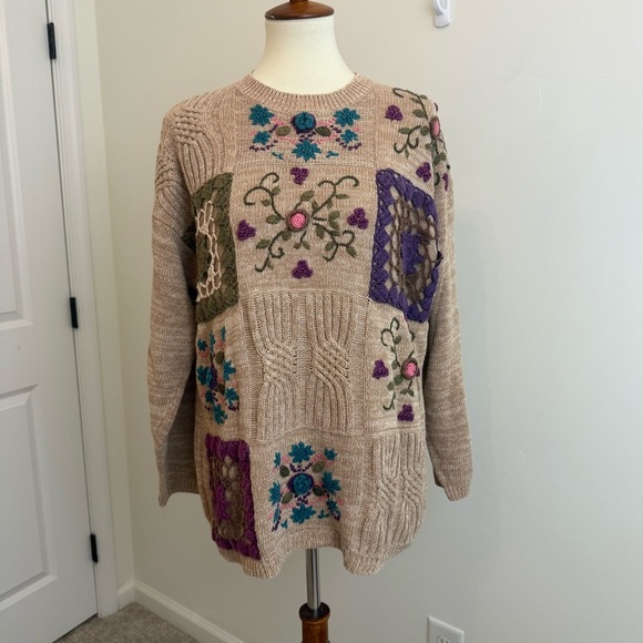 Vintage Ramie Cotton Floral Embroidered Chunky Knit Sweater Women’s L/XL Grandma - Picture 1 of 12